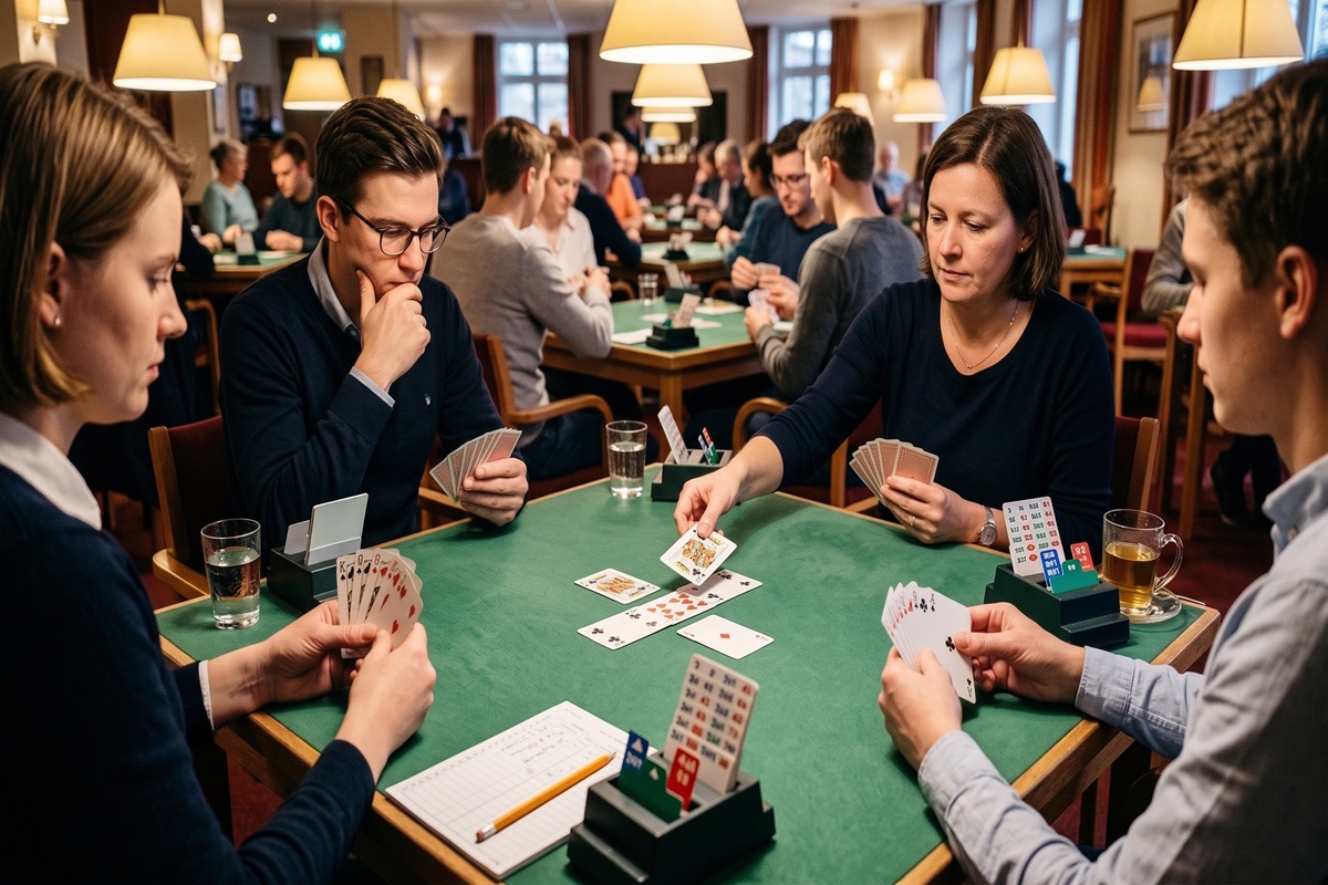 Bridge regler visade med fyra händer på ett bord