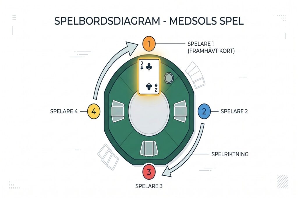 Diagram över spelordningen i Hjärter med klöver två som utspel