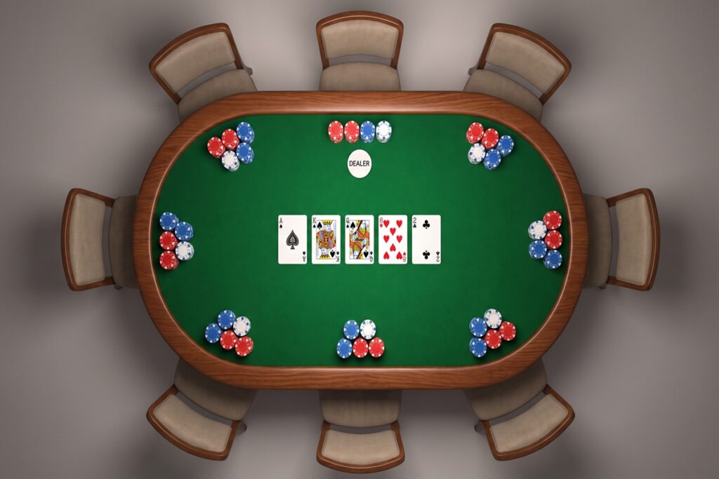 Överblick av pokerbord som visar spelarnas position i Texas Hold'em
