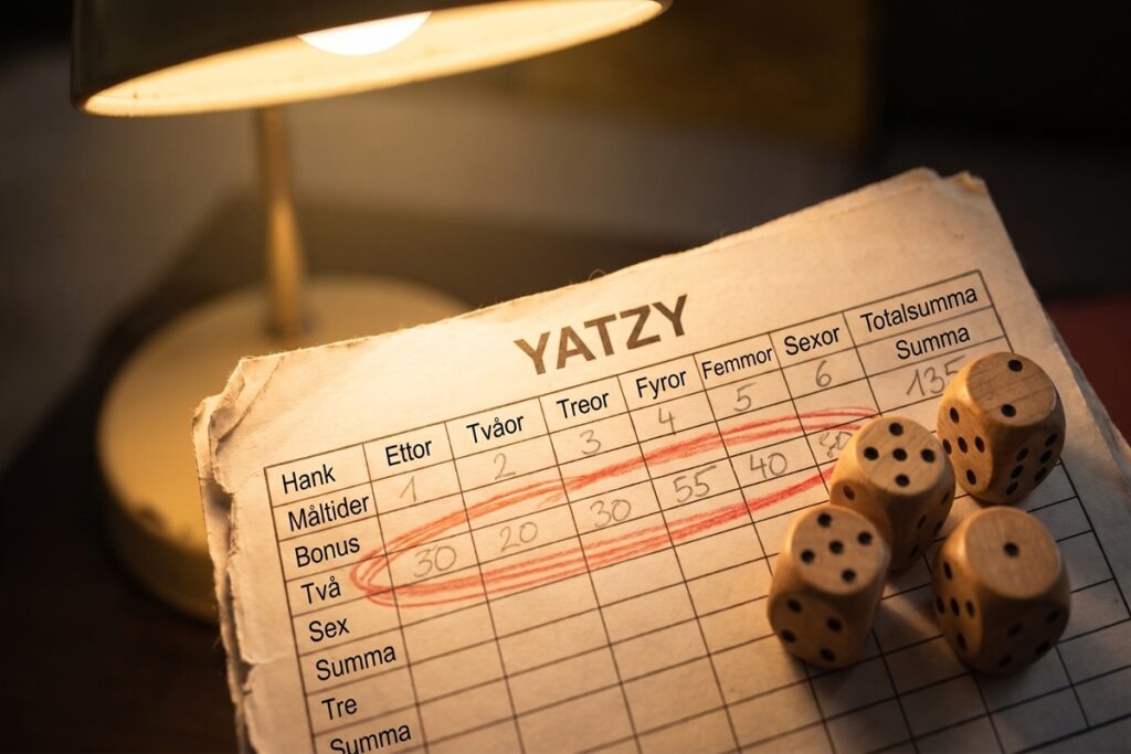 Övre delen av Yatzy-protokollet med bonus på 63 poäng markerad