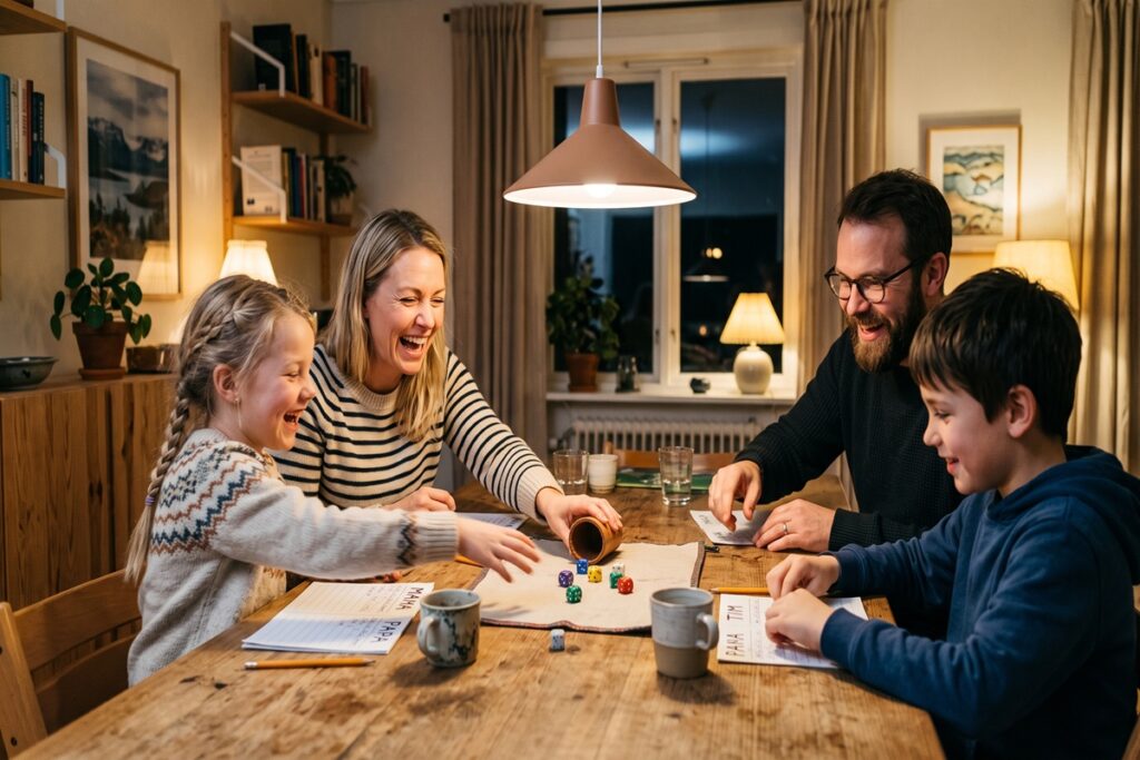 Familj som spelar Yatzy tillsammans vid köksbordet