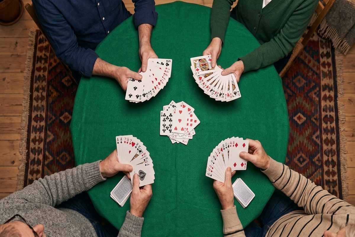 Fyra spelare som spelar kortspelet under hjärter regler runt ett bord