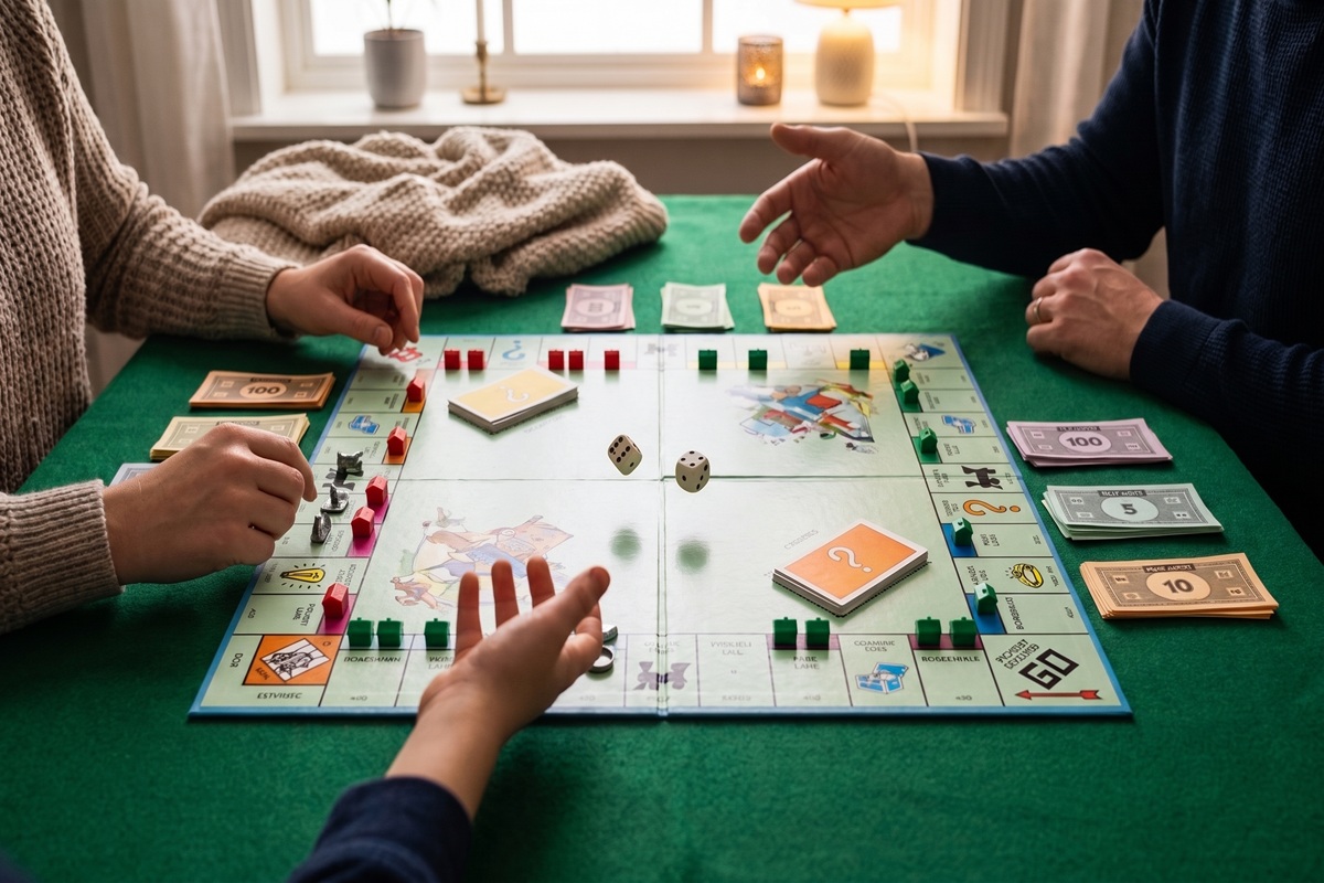 Familj spelar brädspel enligt Monopol regler vid ett träbord