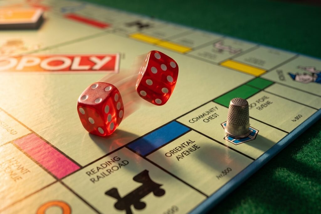 Tärningar rullar över spelplanen i ett parti Monopol spel

