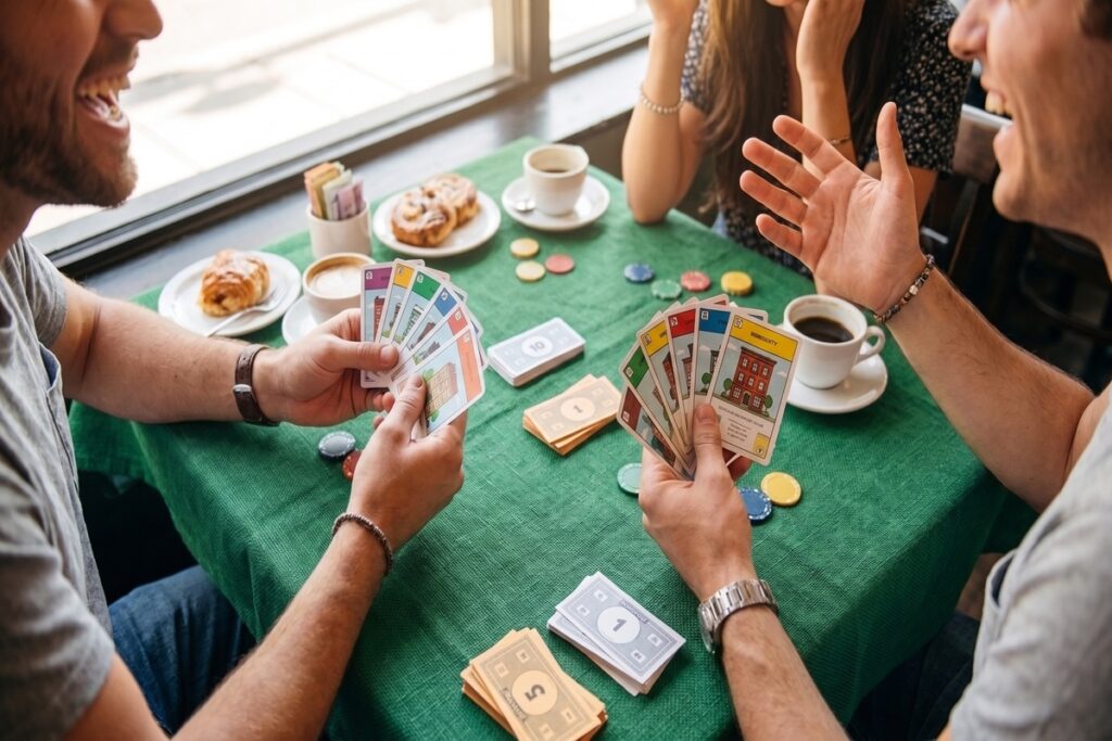 Två spelare spelar kortspelet Monopoly Deal vid ett bord