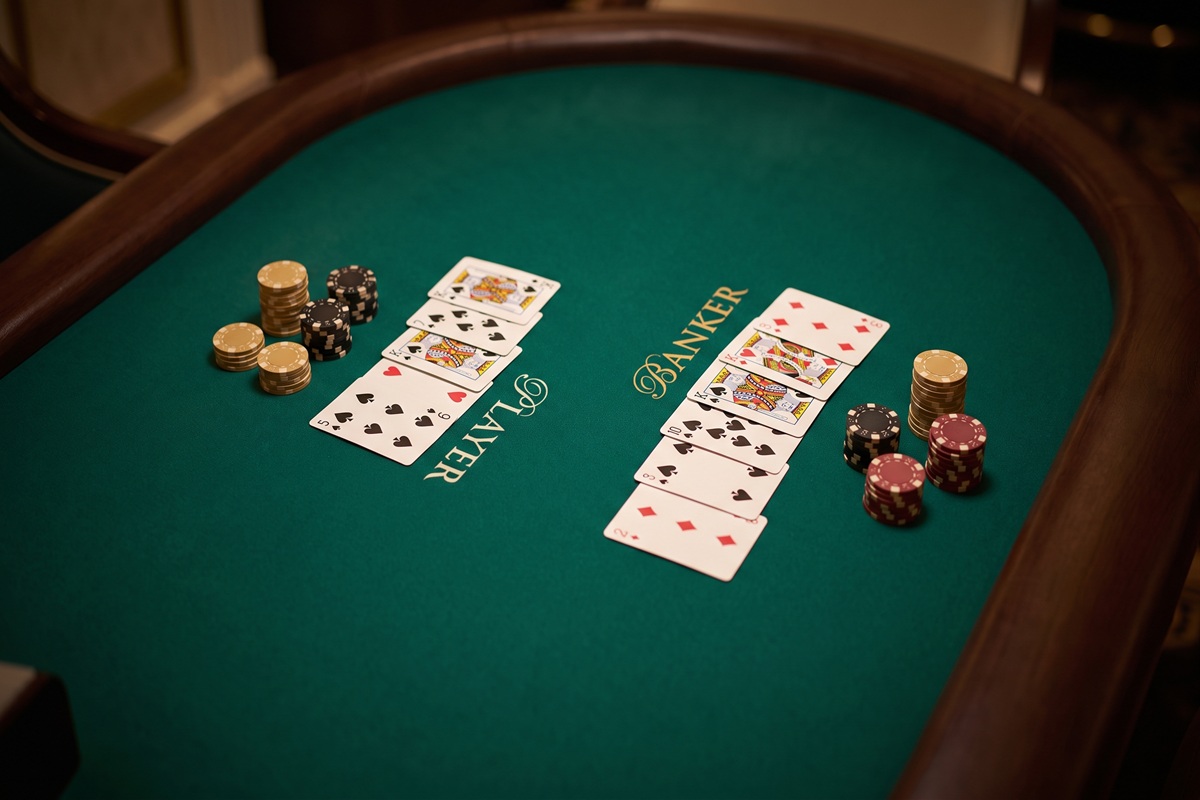 Baccarat regler visas på ett spelbord med kort för spelaren och banken