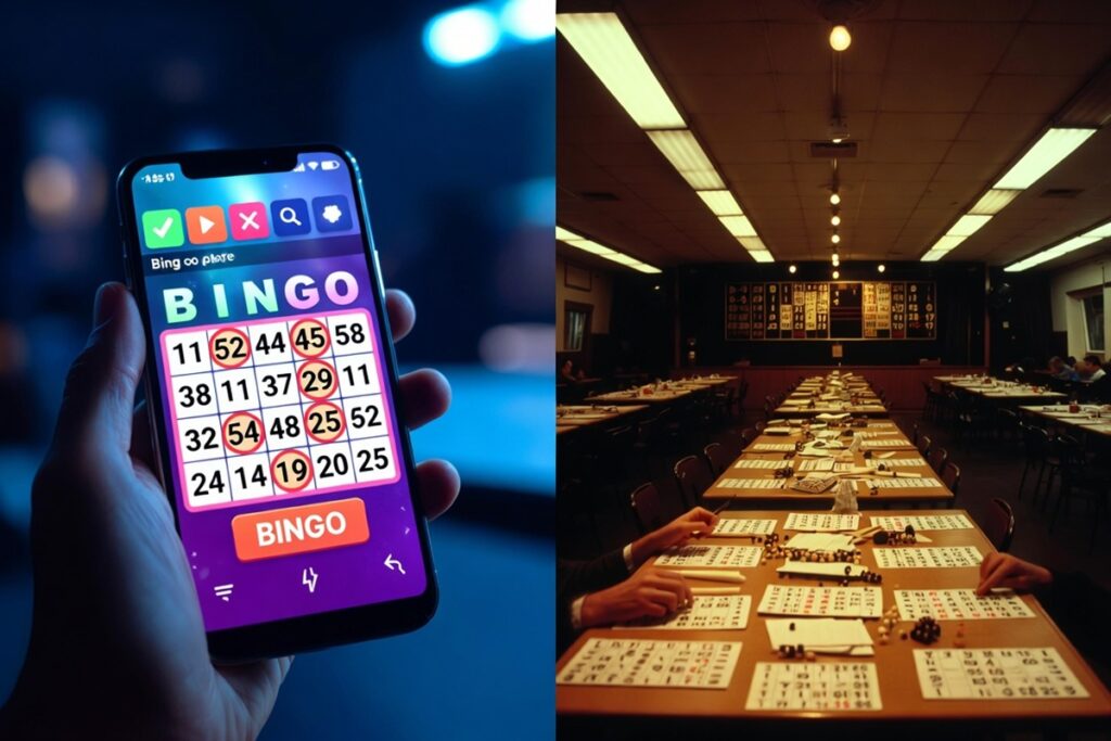 Delad bild som jämför bingo online på mobil med klassisk bingohall