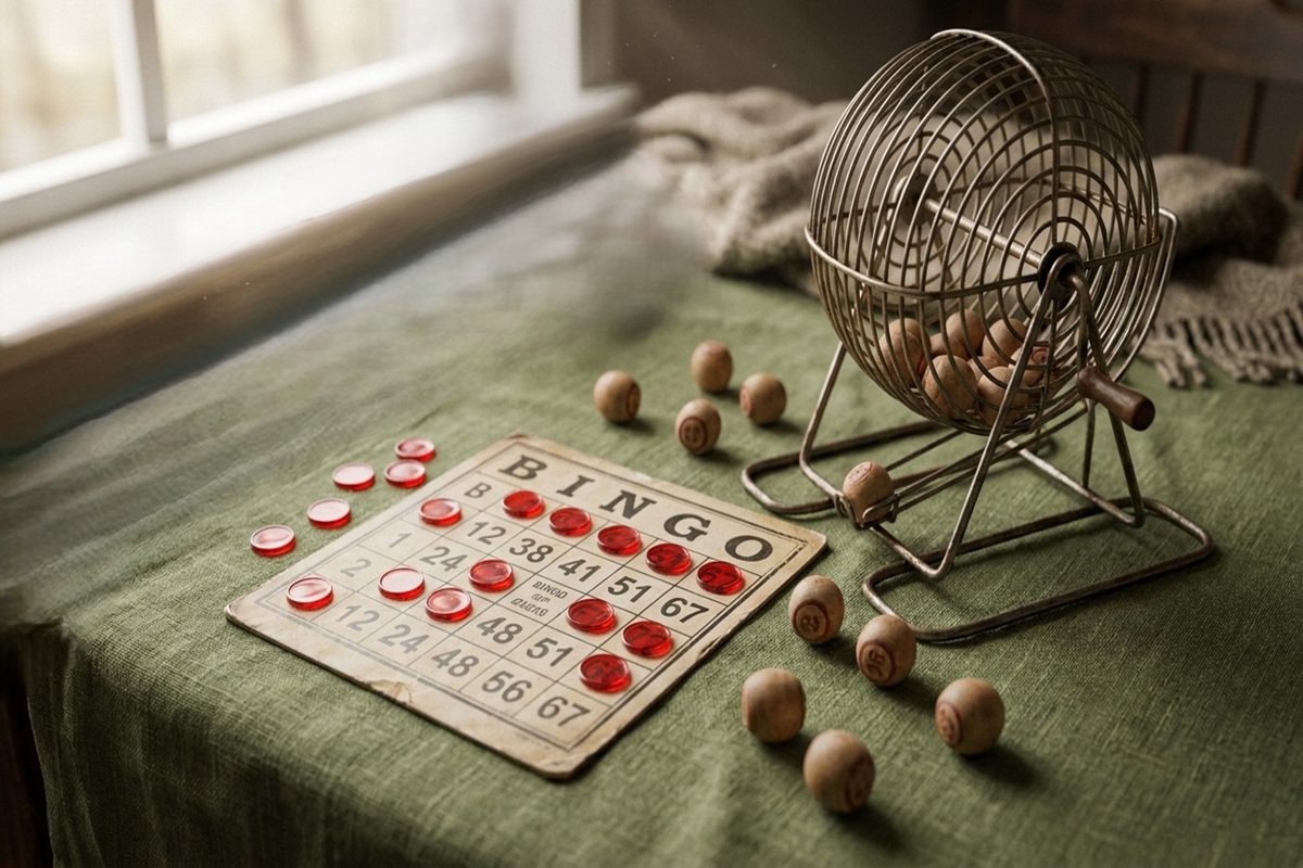BBingo regler och Bingo kort med markerade nummer och träkulor på ett bord