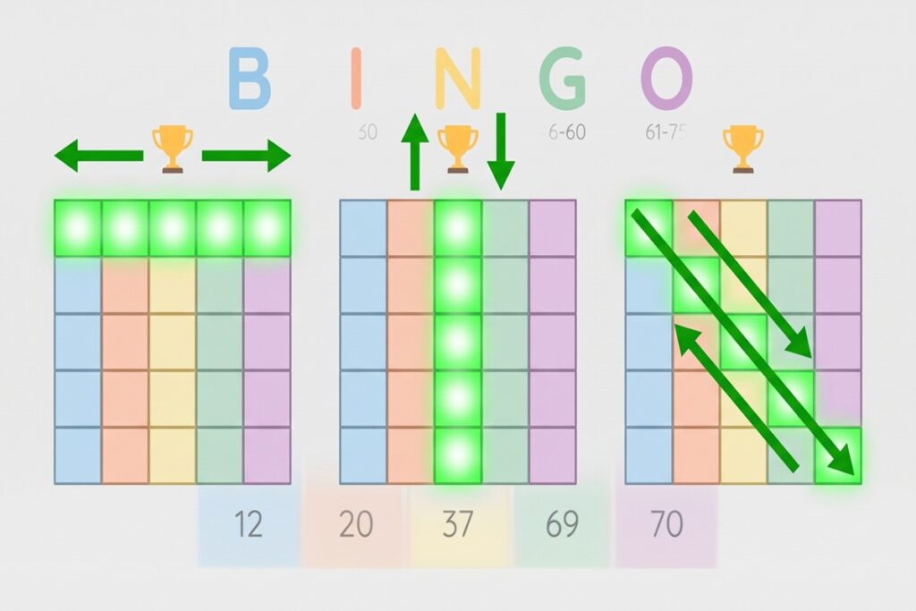 Tre bingobrickor som visar vinst med vågrät, lodrät och diagonal rad