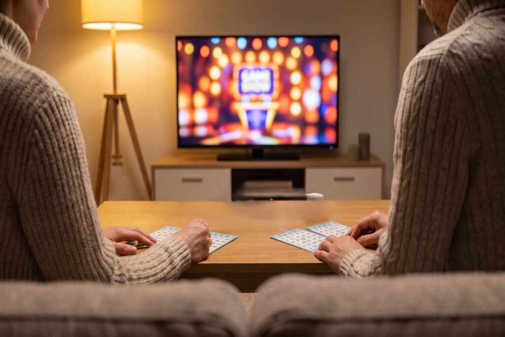 Familj spelar TV bingo hemma i soffan med lott och fika