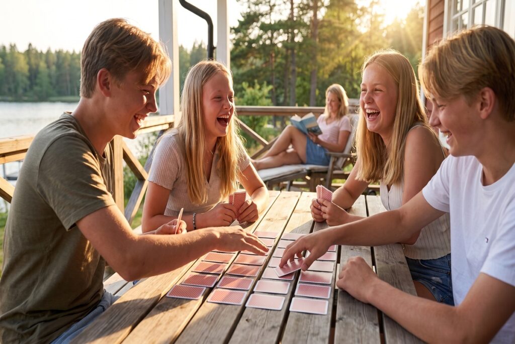 Ungdomar spelar kortspelet Cambio på en verandaträff