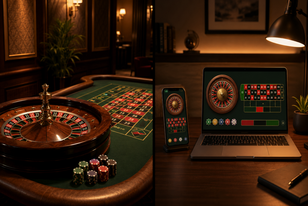 Fysiskt roulettebord jämfört med online roulette på mobil och laptop