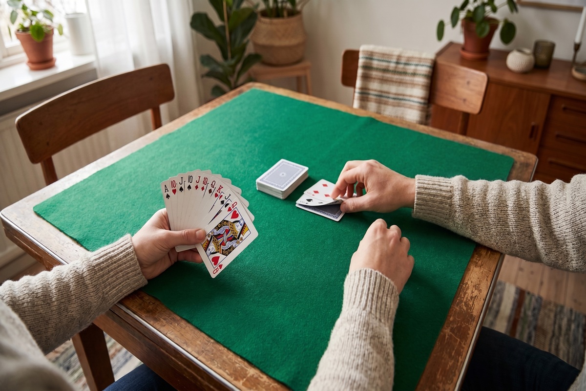 Två personer som spelar gin rummy regler med tio kort i handen vid ett träbord
