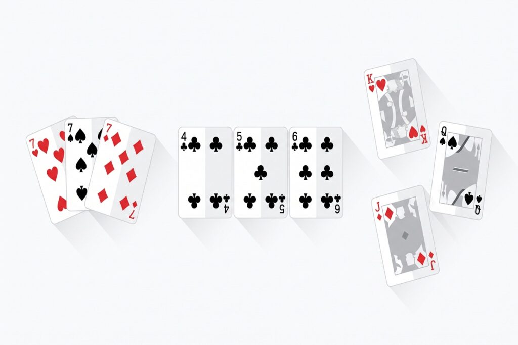 Exempel på serier i gin rummy: tretal, stege och skrotkort som ger poäng
