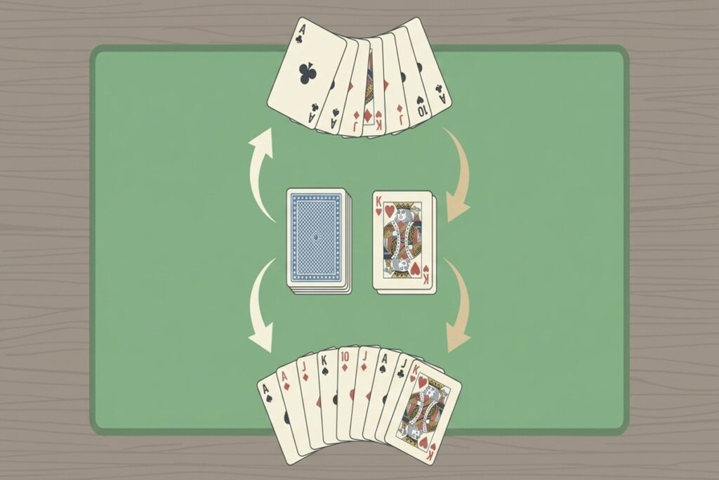 Uppställning i gin rummy med tio kort per spelare, draghög och slänghög
