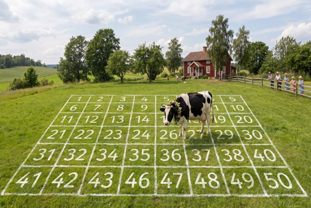 Ko i en hage med numrerade rutor under kobingo på svensk landsbygd
