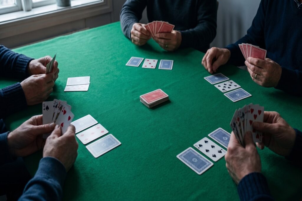 Familj spelar kortspel runt köksbordet under en spelkväll