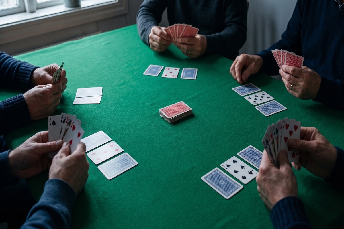 Familj spelar kortspel runt köksbordet under en spelkväll