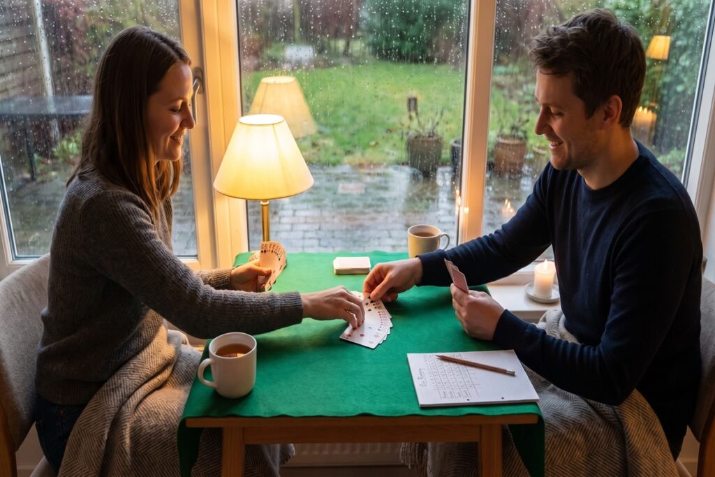 Två personer spelar Gin Rummy vid ett fönsterbord