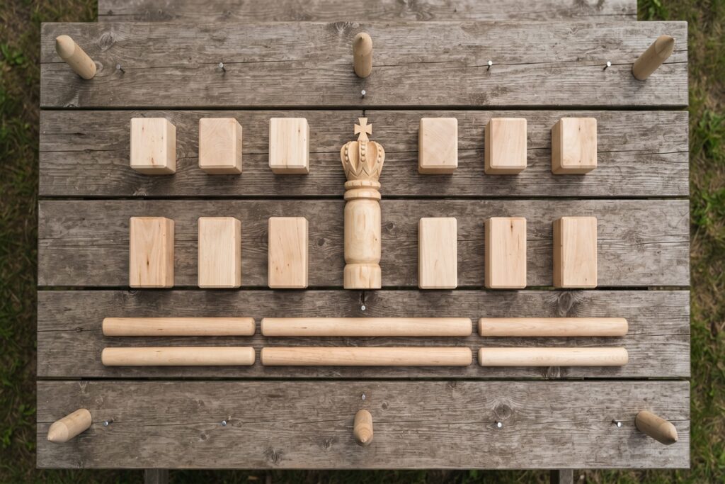 kubb utrustning kastpinnar kung