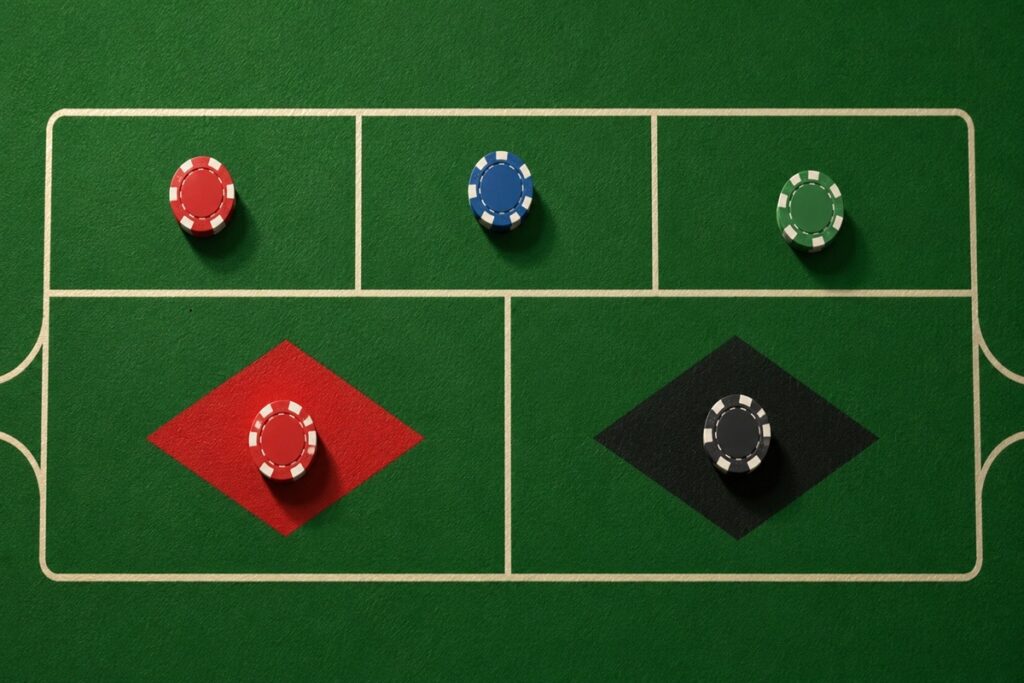 Outside bets på roulettebordet med rött, svart, jämnt och udda