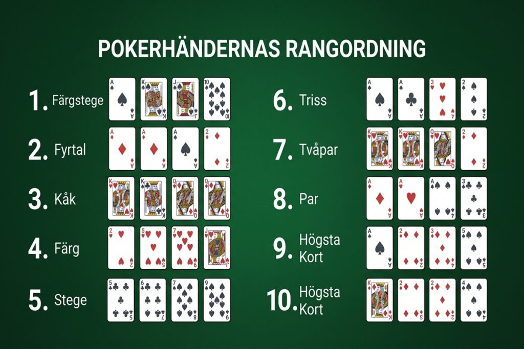 pokerhänder rangordning från royal flush till högsta kort