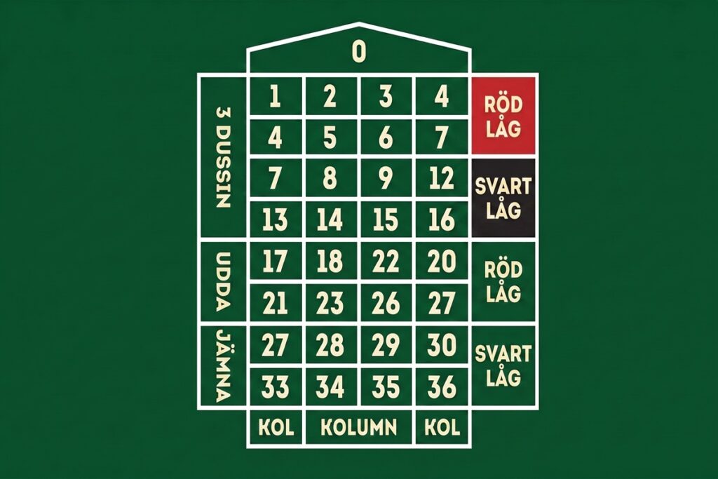 Roulettebordets layout med inside bets och outside bets markerade